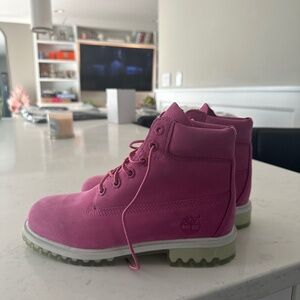Pink Timberlands clear sole size 5.5
